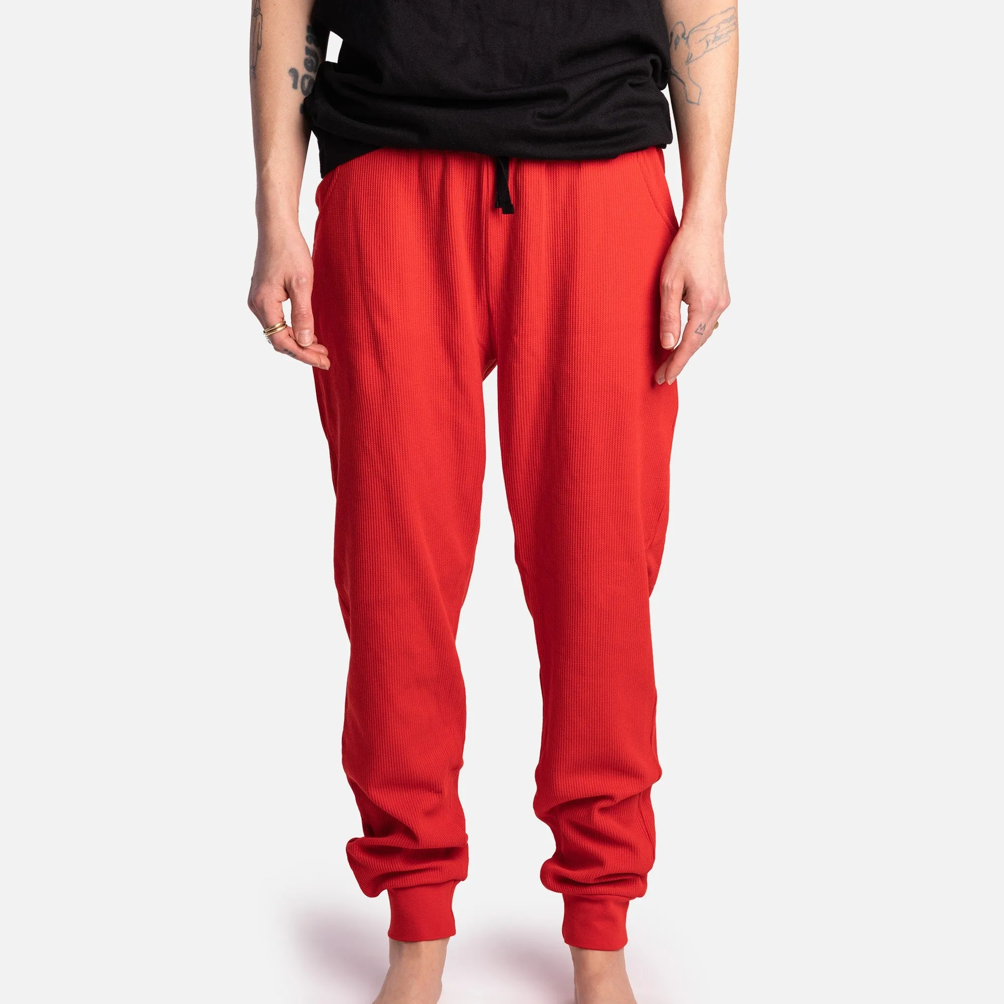 👯‍♂️ Matching Human Thermal Pajama Joggers – Red Ribbed Cotton Loungewear