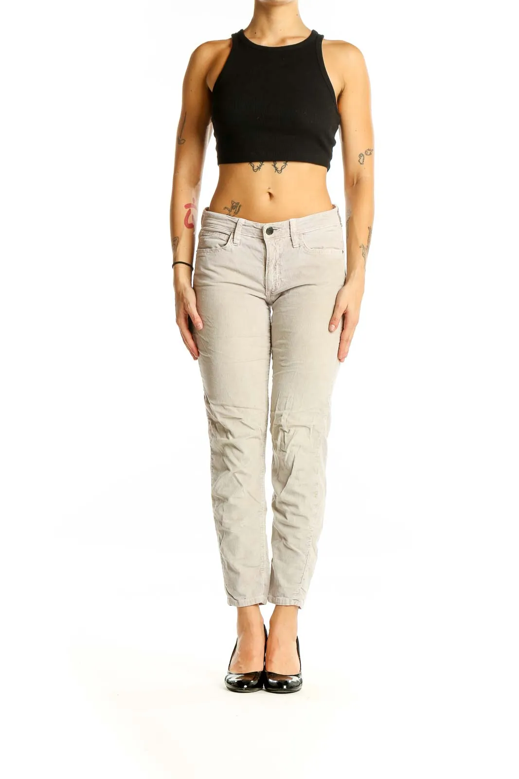 Beige Cotton-Lycra Blend Ankle-Length Pants