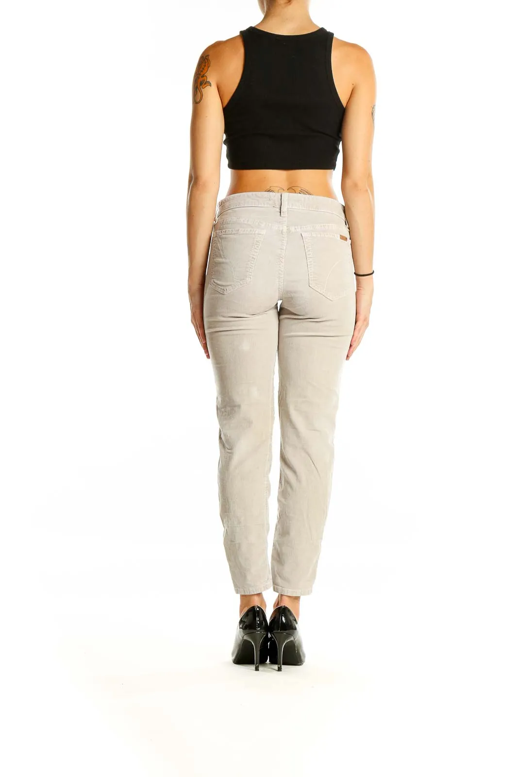 Beige Cotton-Lycra Blend Ankle-Length Pants