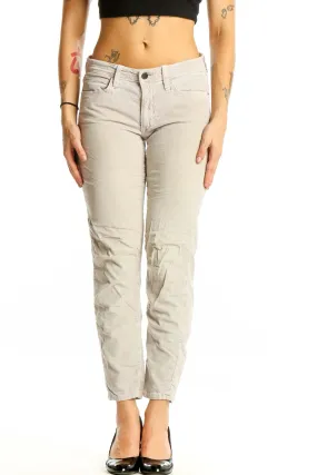 Beige Cotton-Lycra Blend Ankle-Length Pants
