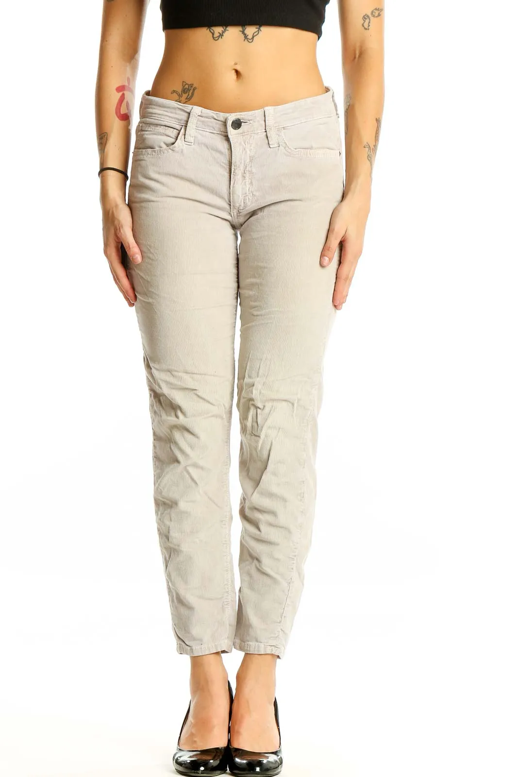 Beige Cotton-Lycra Blend Ankle-Length Pants