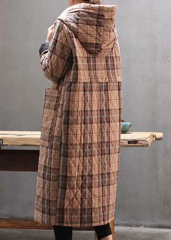 Bohemian Red Hooded Plaid Pockets Fine Cotton Filled Long Coat Outwear Winter