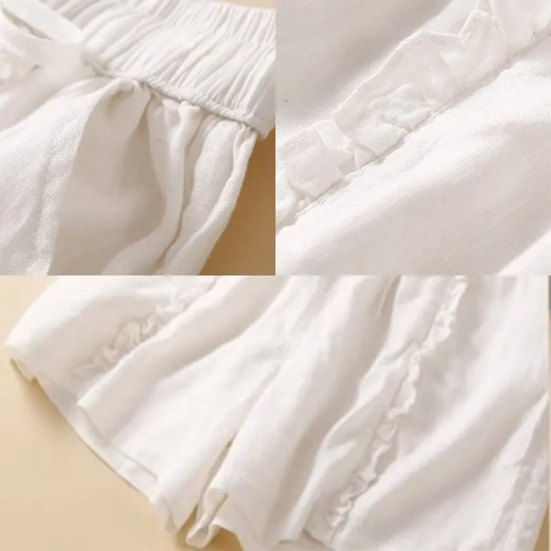 Buddha Stones Fungus Edge Design Drawstring Cotton Linen Women's Shorts With Pockets