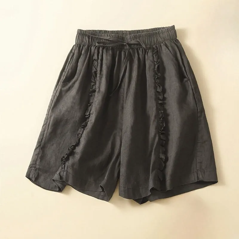 Buddha Stones Fungus Edge Design Drawstring Cotton Linen Women's Shorts With Pockets