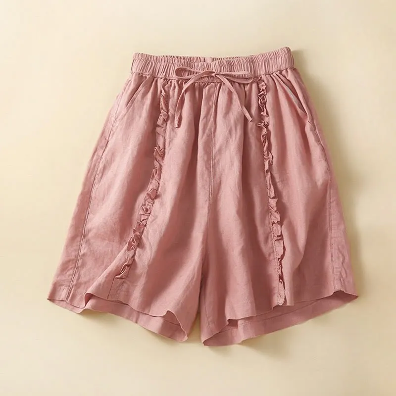 Buddha Stones Fungus Edge Design Drawstring Cotton Linen Women's Shorts With Pockets