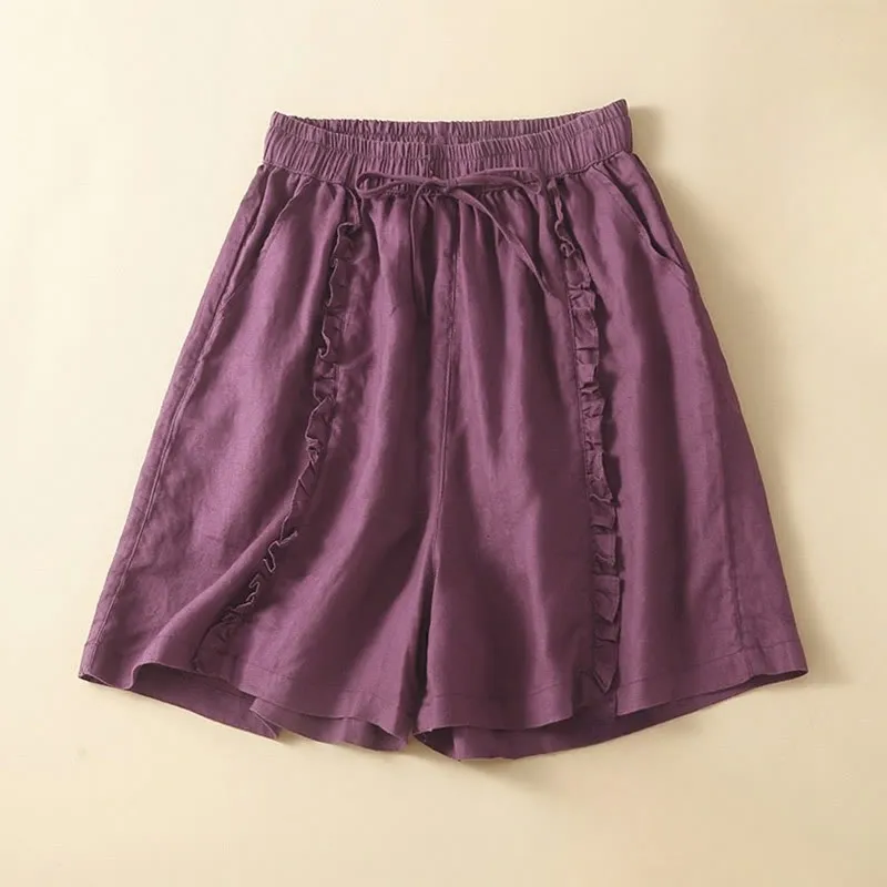 Buddha Stones Fungus Edge Design Drawstring Cotton Linen Women's Shorts With Pockets