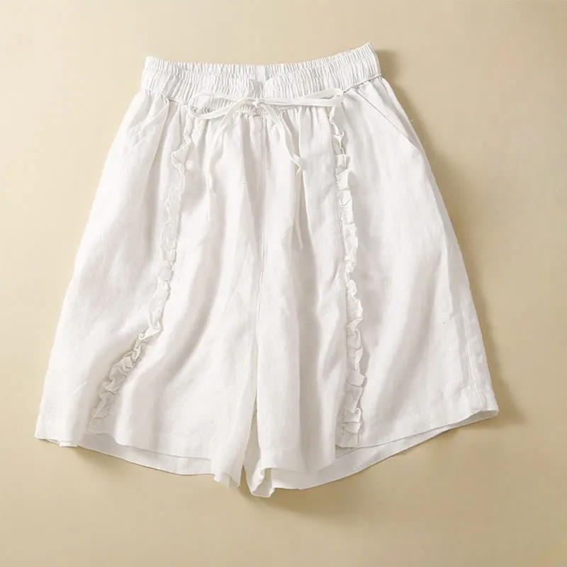 Buddha Stones Fungus Edge Design Drawstring Cotton Linen Women's Shorts With Pockets