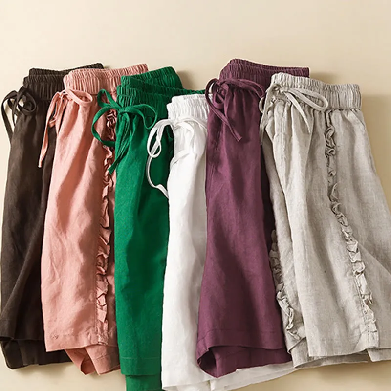 Buddha Stones Fungus Edge Design Drawstring Cotton Linen Women's Shorts With Pockets