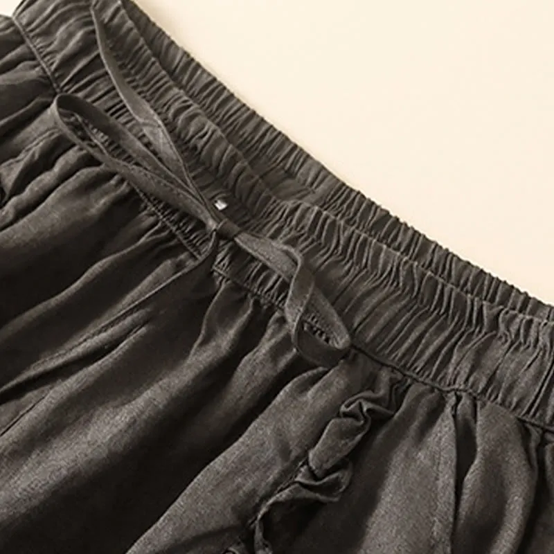 Buddha Stones Fungus Edge Design Drawstring Cotton Linen Women's Shorts With Pockets