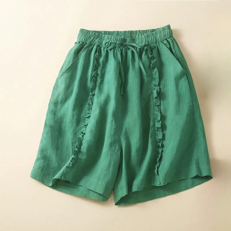 Buddha Stones Fungus Edge Design Drawstring Cotton Linen Women's Shorts With Pockets