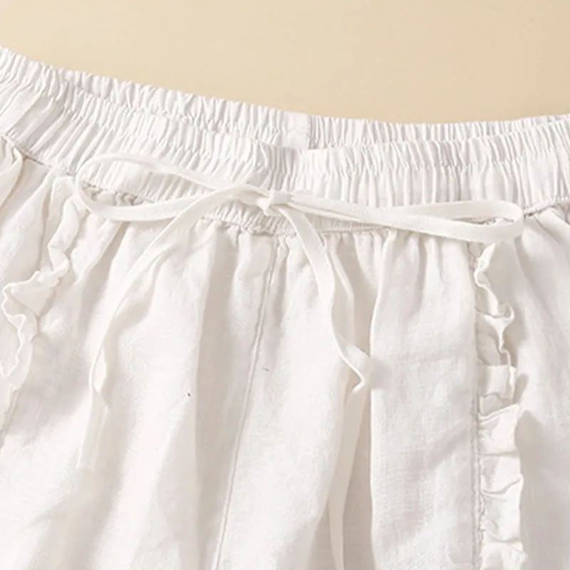 Buddha Stones Fungus Edge Design Drawstring Cotton Linen Women's Shorts With Pockets