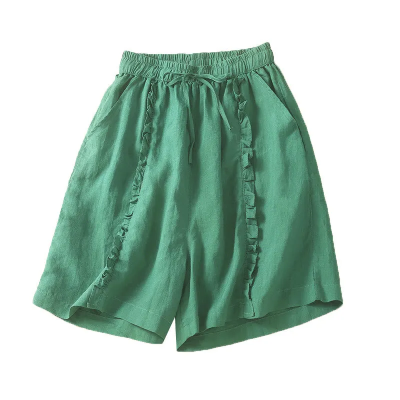 Buddha Stones Fungus Edge Design Drawstring Cotton Linen Women's Shorts With Pockets