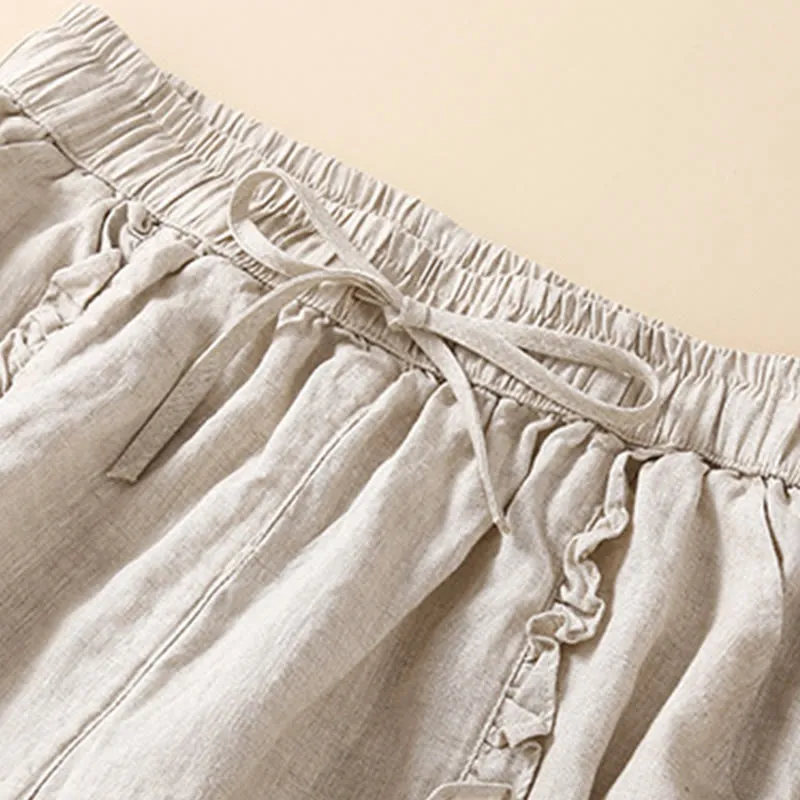 Buddha Stones Fungus Edge Design Drawstring Cotton Linen Women's Shorts With Pockets