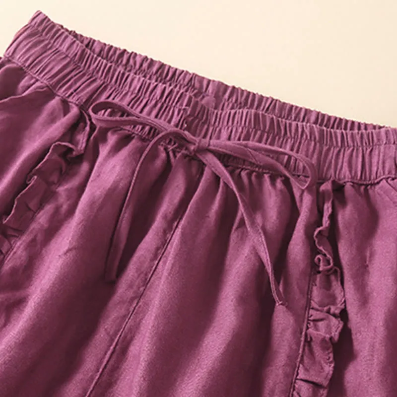 Buddha Stones Fungus Edge Design Drawstring Cotton Linen Women's Shorts With Pockets