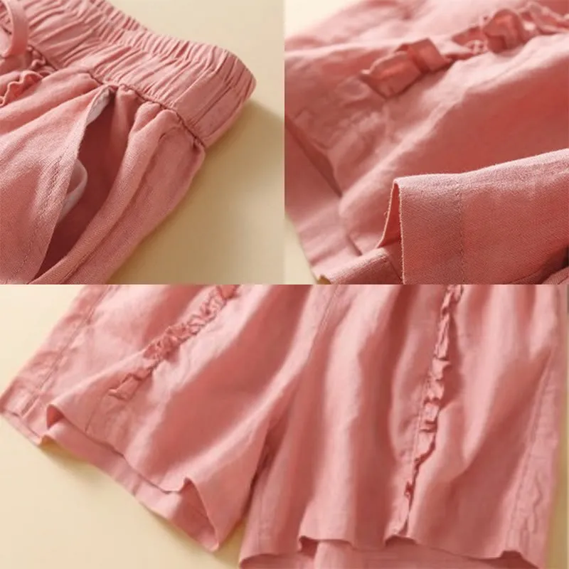 Buddha Stones Fungus Edge Design Drawstring Cotton Linen Women's Shorts With Pockets