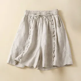 Buddha Stones Fungus Edge Design Drawstring Cotton Linen Women's Shorts With Pockets