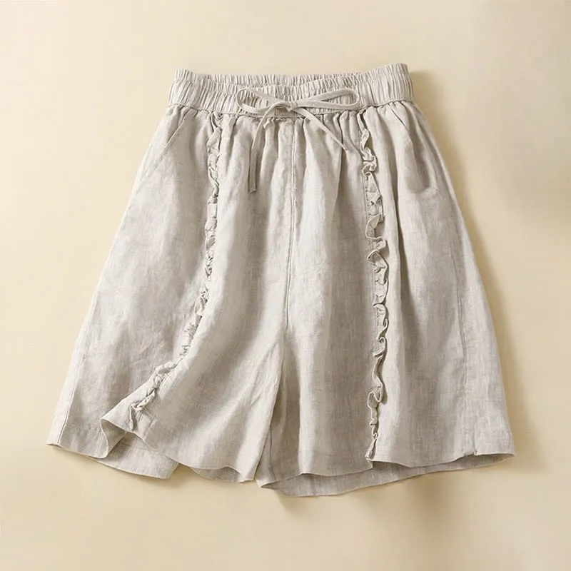 Buddha Stones Fungus Edge Design Drawstring Cotton Linen Women's Shorts With Pockets