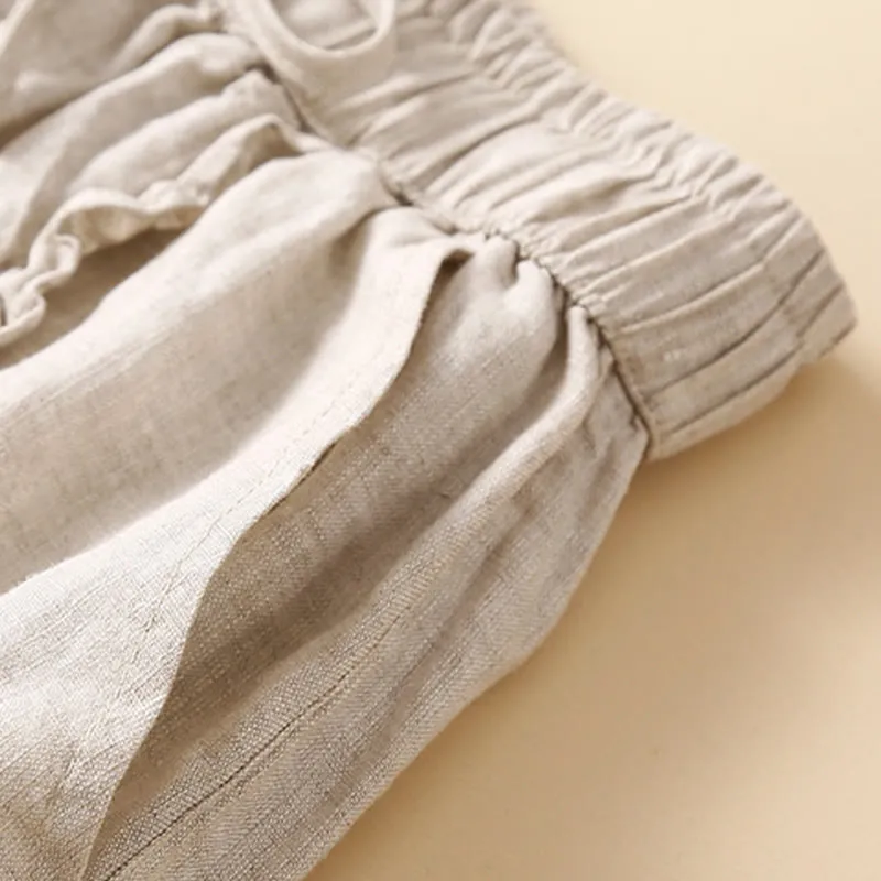 Buddha Stones Fungus Edge Design Drawstring Cotton Linen Women's Shorts With Pockets