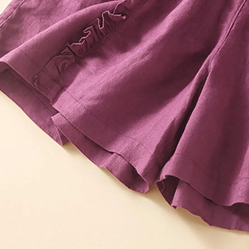 Buddha Stones Fungus Edge Design Drawstring Cotton Linen Women's Shorts With Pockets