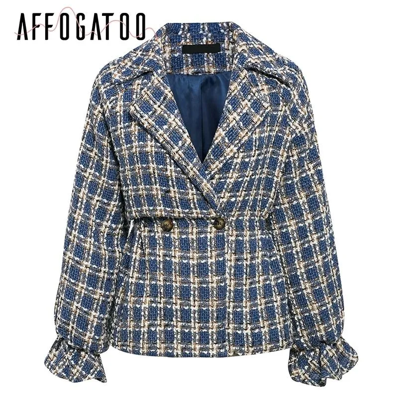 Casual Loose Women Plaid Tweed Jacket Coats Lantern Sleeve Streetwear Coats Elastic High Waist Ladies Outwear Jackets