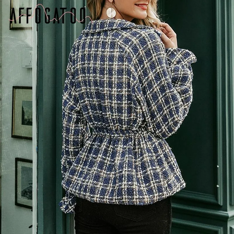 Casual Loose Women Plaid Tweed Jacket Coats Lantern Sleeve Streetwear Coats Elastic High Waist Ladies Outwear Jackets