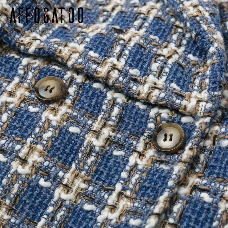 Casual Loose Women Plaid Tweed Jacket Coats Lantern Sleeve Streetwear Coats Elastic High Waist Ladies Outwear Jackets