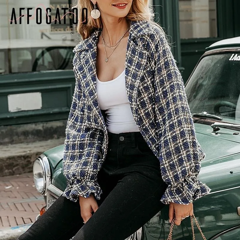 Casual Loose Women Plaid Tweed Jacket Coats Lantern Sleeve Streetwear Coats Elastic High Waist Ladies Outwear Jackets