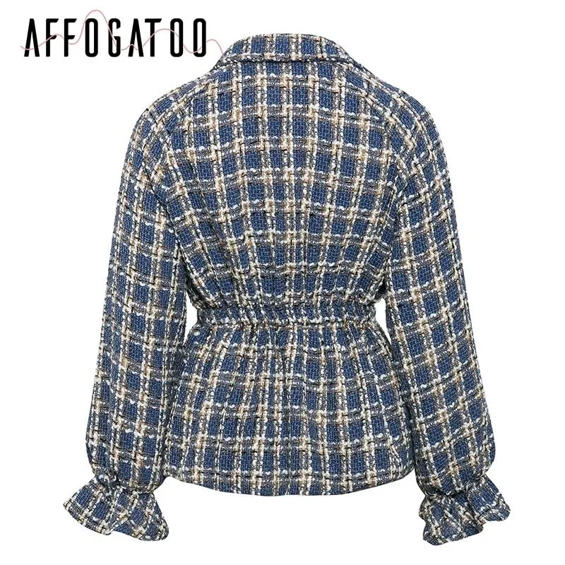 Casual Loose Women Plaid Tweed Jacket Coats Lantern Sleeve Streetwear Coats Elastic High Waist Ladies Outwear Jackets
