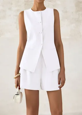 Casual Trendy Button Down Vest Tops High Waisted Shorts Business Two Piece Sets