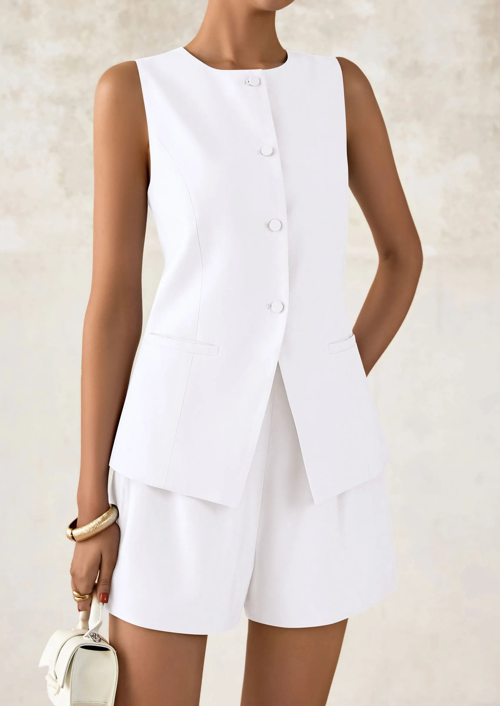 Casual Trendy Button Down Vest Tops High Waisted Shorts Business Two Piece Sets