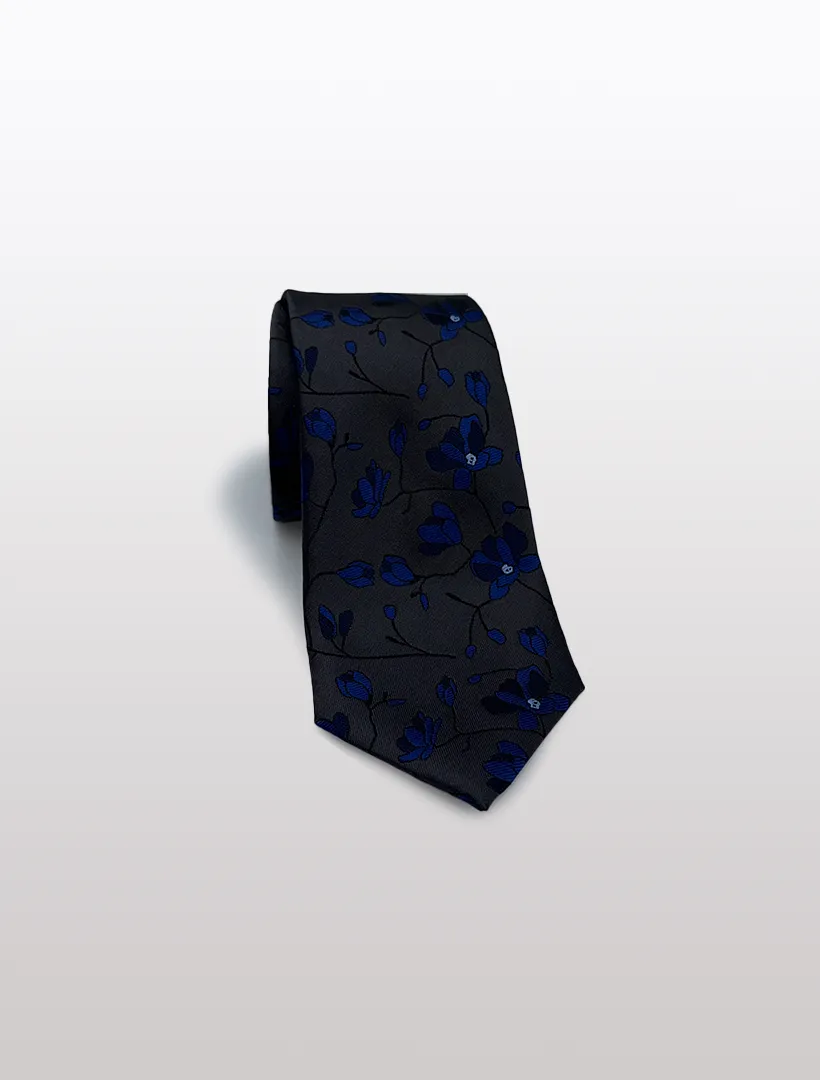 Charcoal with Blue Floral Patterned Microfiber Tie