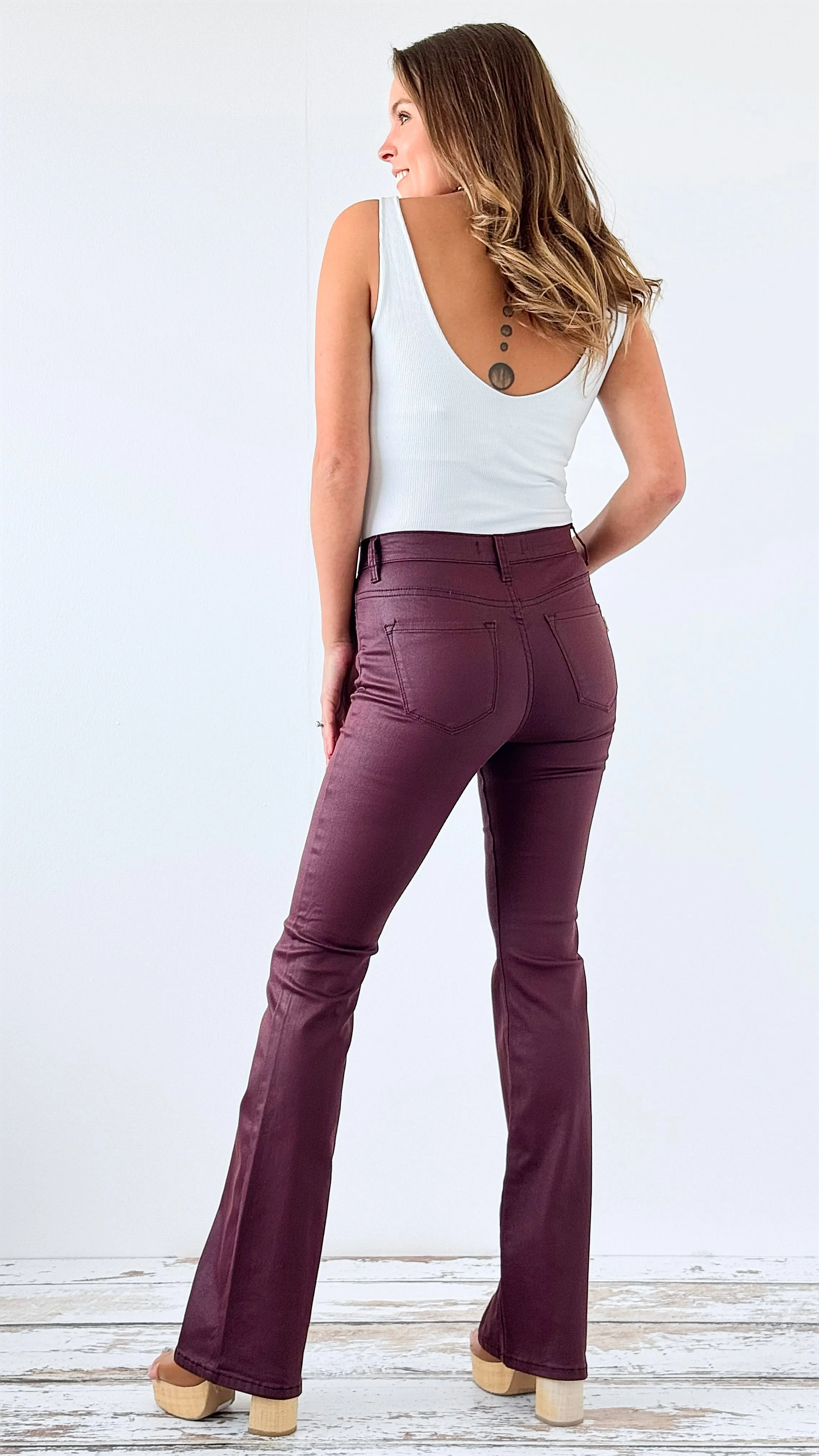 Coated Black Boot Cut Pant - Burgundy