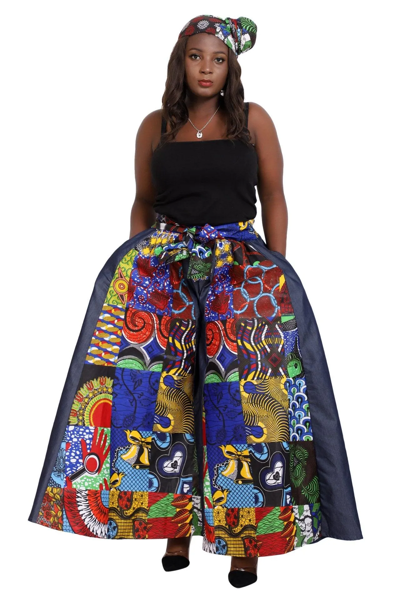 Denim   Ankara Panel Palazzo Pants 19065