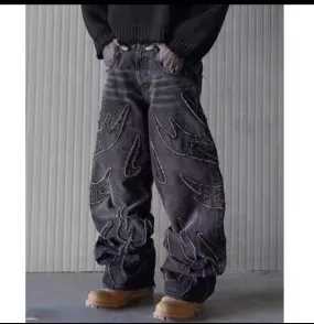 Distressed Flame Pattern Denim Jeans( Baggy Jeans)