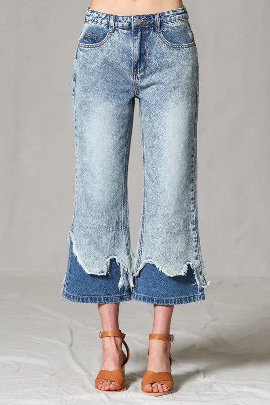 Double layer distressed hem flare jean pants