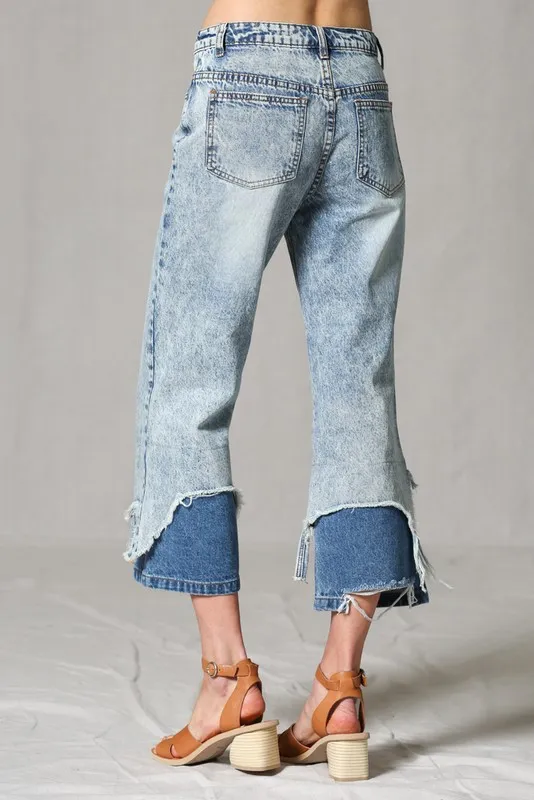 Double layer distressed hem flare jean pants
