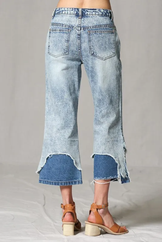 Double layer distressed hem flare jean pants