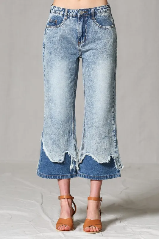 Double layer distressed hem flare jean pants