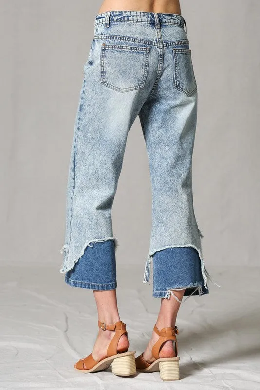 Double layer distressed hem flare jean pants