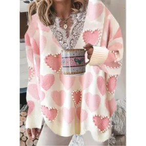 Fashion Sweaters Women Autumn Winter Lace V Neck Heart Print Knit Jumper Long Sleeve Loose Pullovers Plus Size
