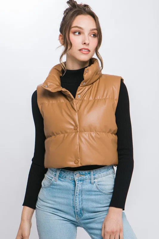 Faux Leather Cropped Puffer Vest with Snap Button