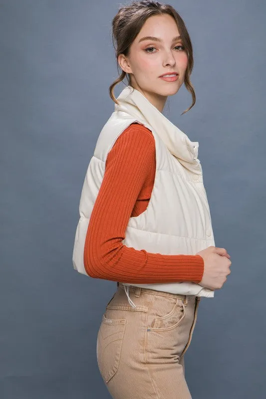 Faux Leather Cropped Puffer Vest with Snap Button