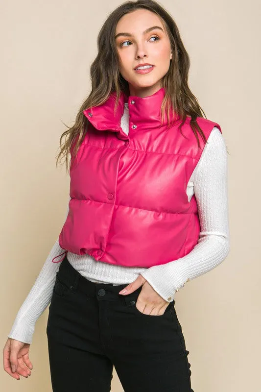 Faux Leather Cropped Puffer Vest with Snap Button