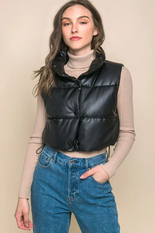 Faux Leather Cropped Puffer Vest with Snap Button