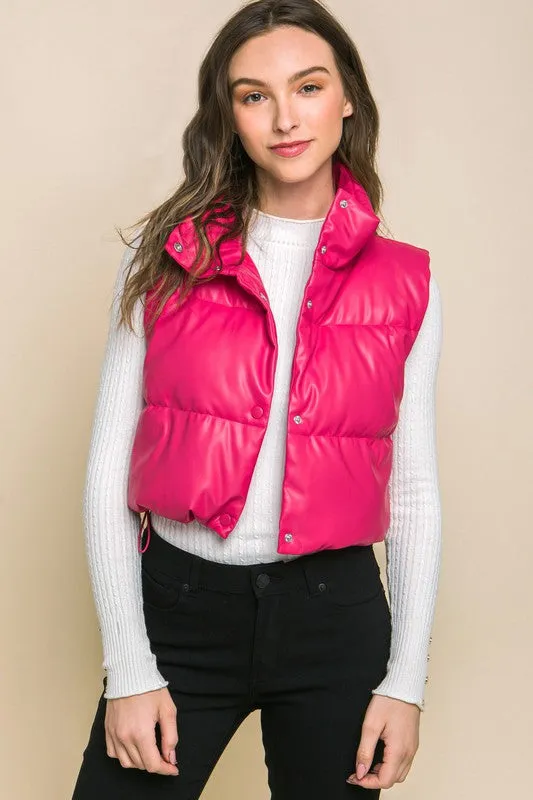 Faux Leather Cropped Puffer Vest with Snap Button