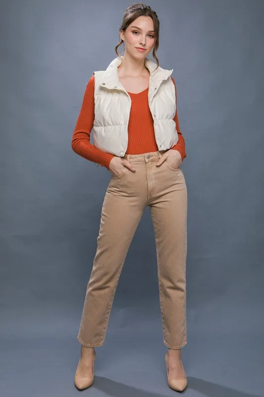 Faux Leather Cropped Puffer Vest with Snap Button