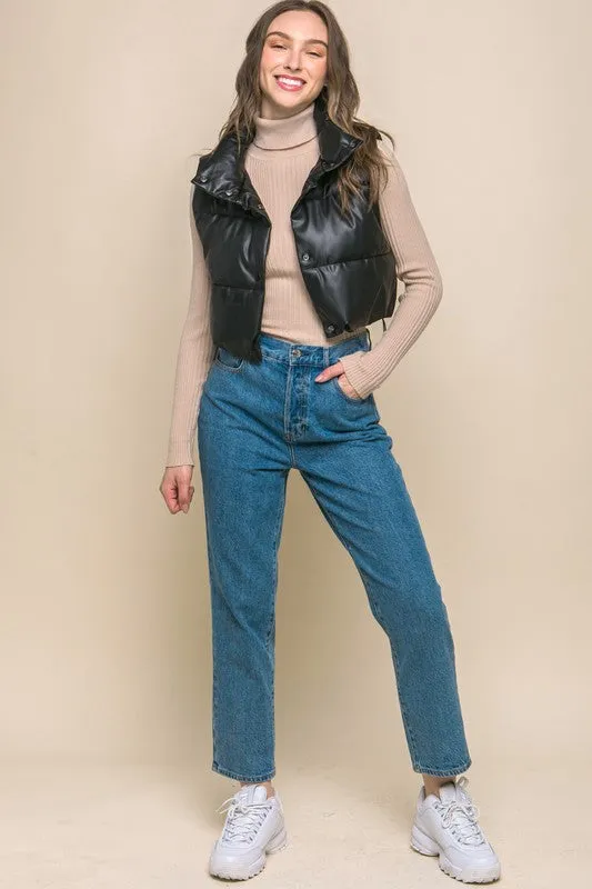 Faux Leather Cropped Puffer Vest with Snap Button