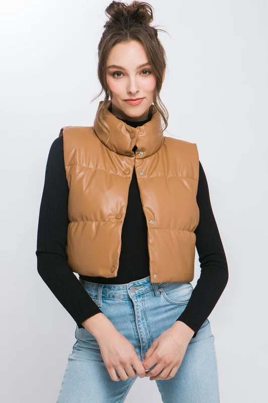 Faux Leather Cropped Puffer Vest with Snap Button