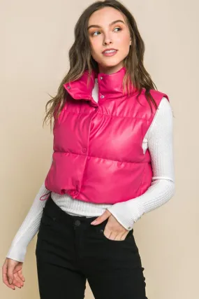 Faux Leather Cropped Puffer Vest with Snap Button