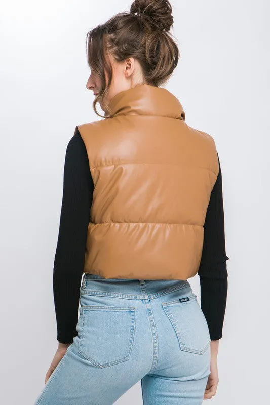 Faux Leather Cropped Puffer Vest with Snap Button